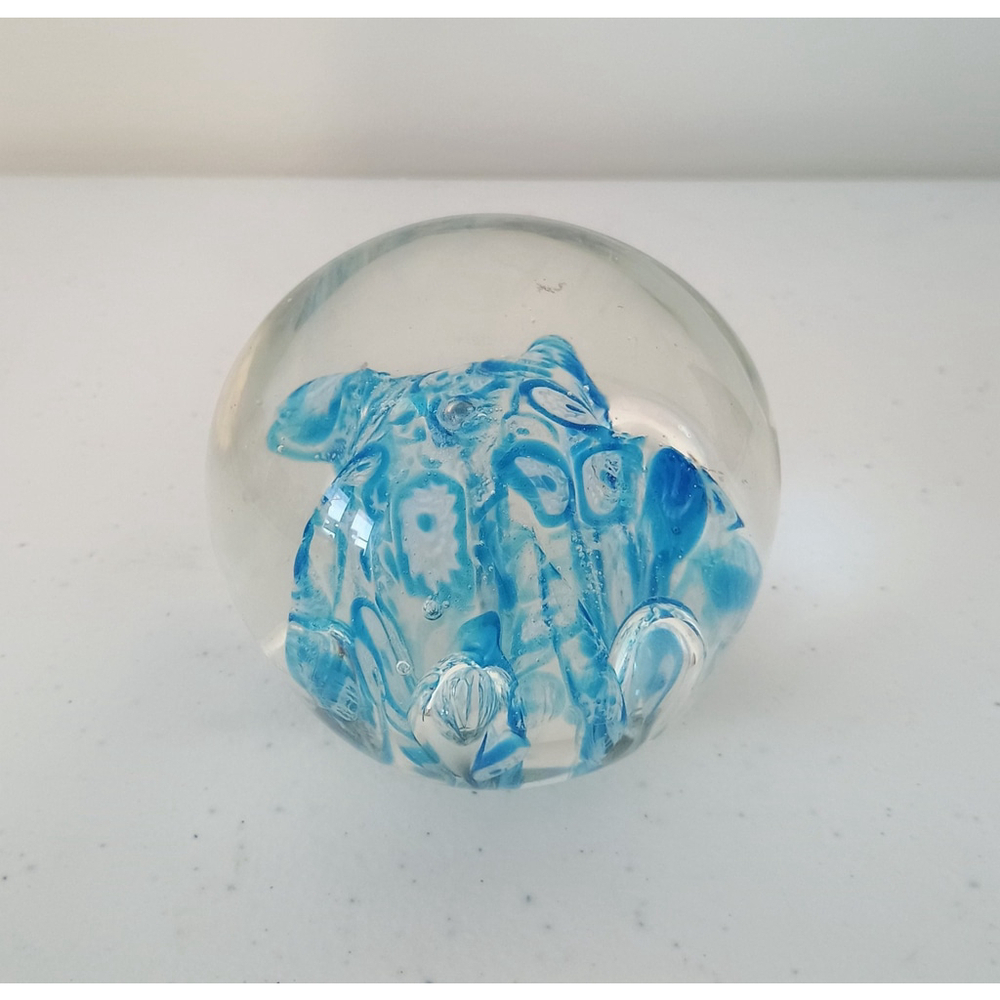 Vintage Millefiori Art Glass Paperweight Controlled Bubbles Blue Tones